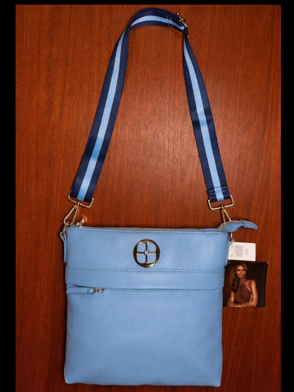 IMAN Light Blue Crossbody Bag with Navy Strap and Gold Tone Hardware